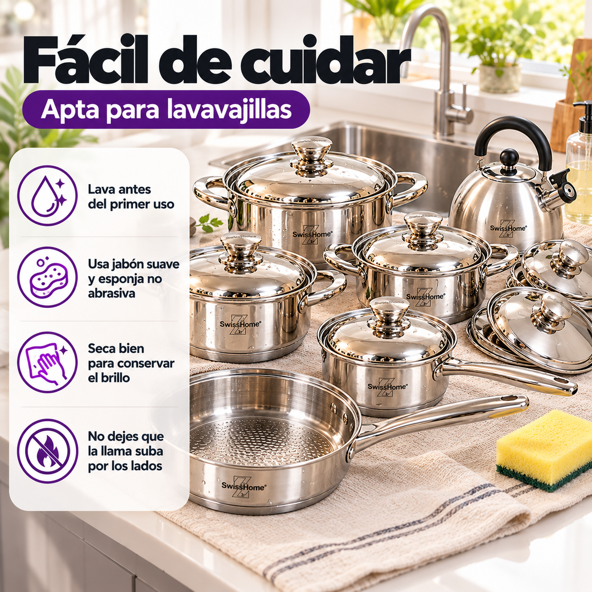 Batería de Cocina Swiss Home MK13 – 13 Piezas Acero Inoxidable 18/10