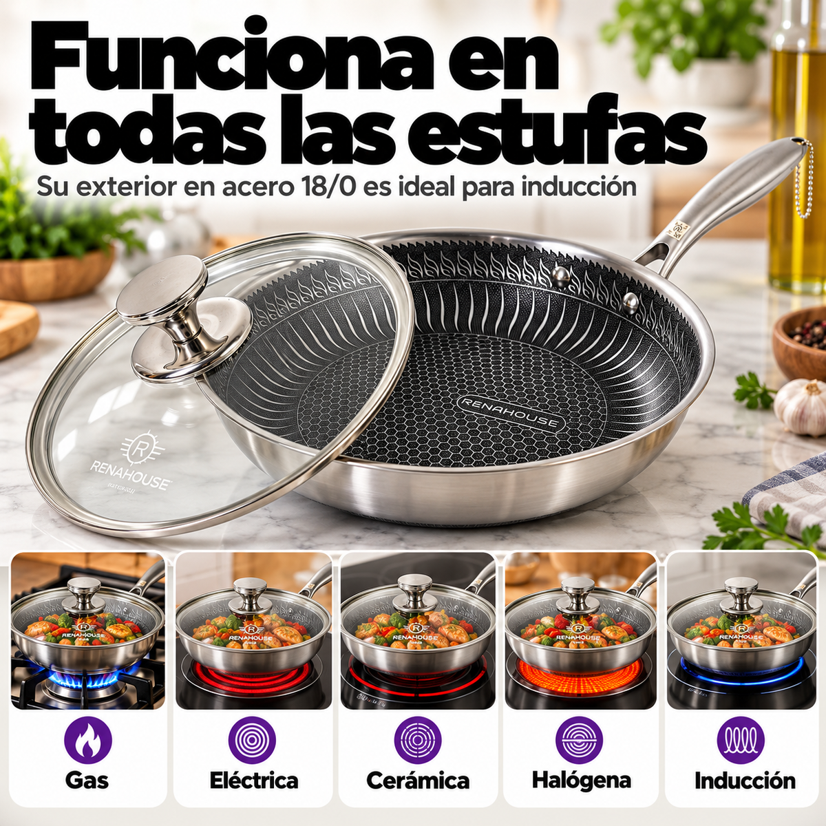 Sartén RenaHouse Tri-Ply Acero Inoxidable 24 cm con Tapa de Vidrio