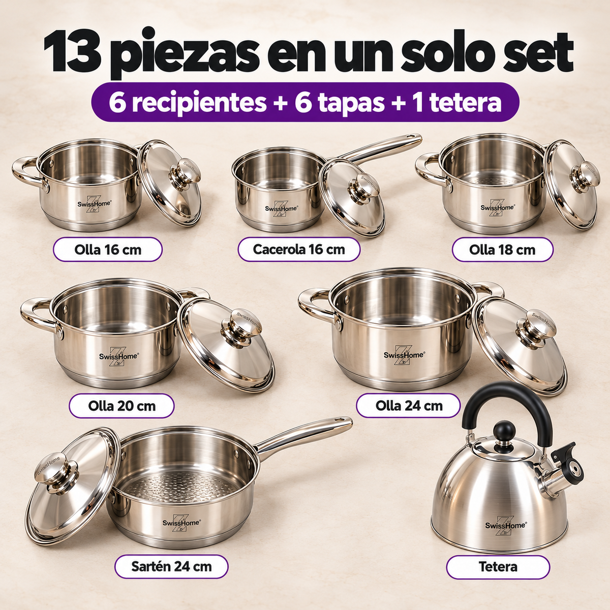 Batería de Cocina Swiss Home MK13 – 13 Piezas Acero Inoxidable 18/10