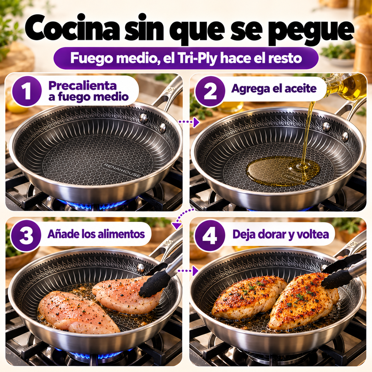 Sartén Rena House Tri-Ply 20 cm – Acero Inoxidable 18/10 con Tapa de Vidrio (COD)