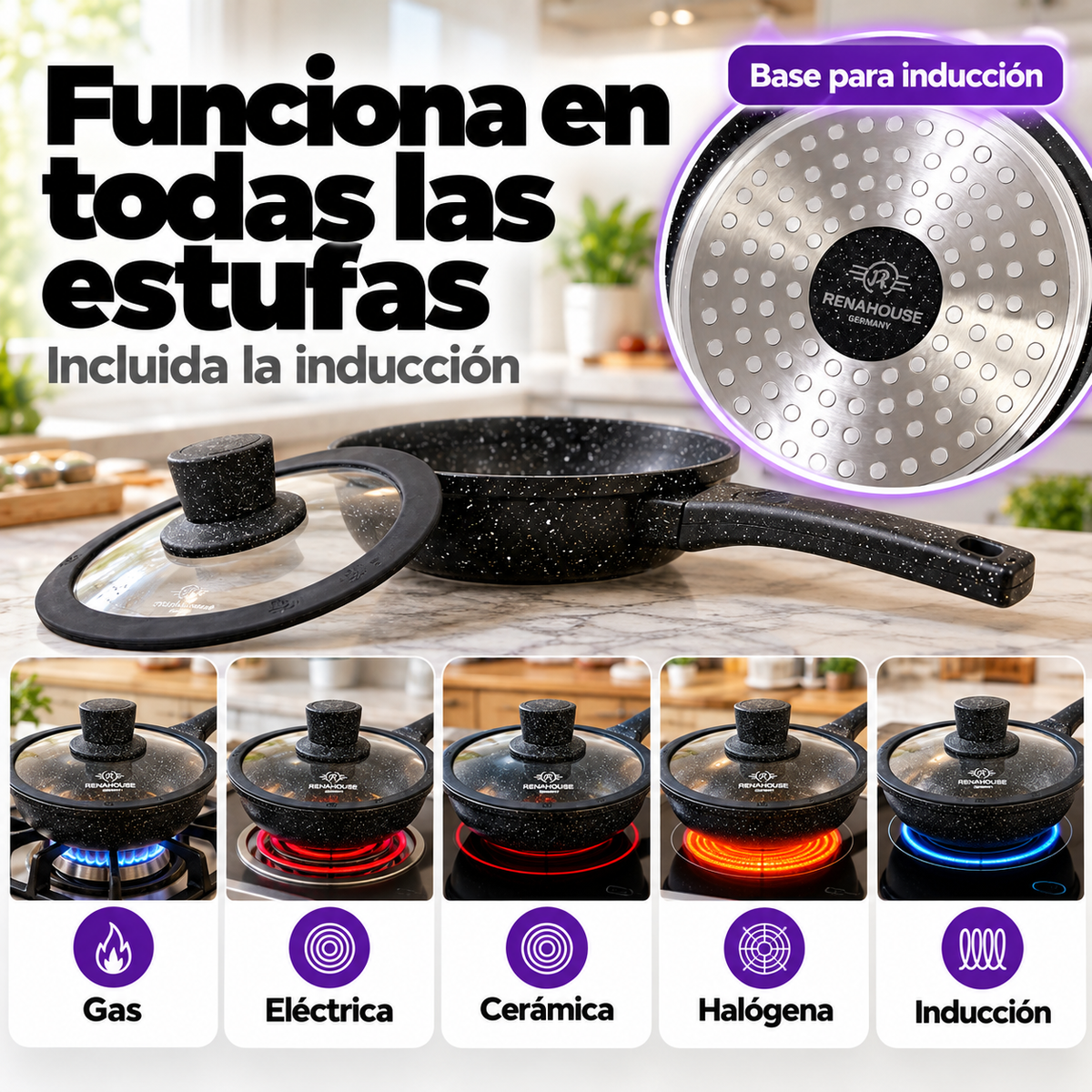 Sartén RenaHouse Granite Antiadherente 18 cm con Tapa