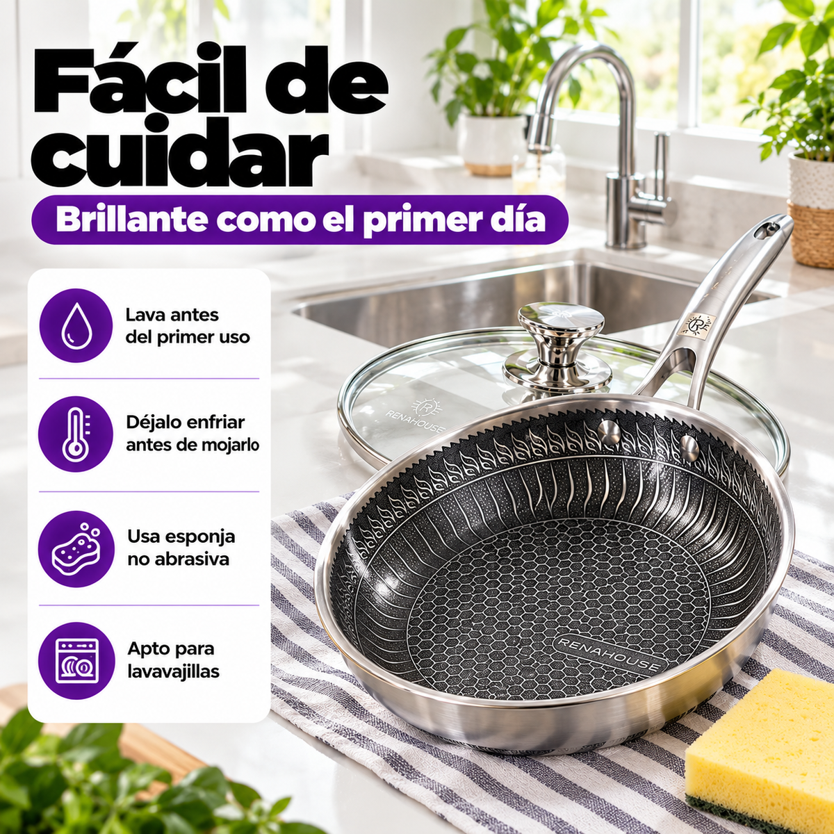 Sartén RenaHouse Tri-Ply Acero Inoxidable 24 cm con Tapa de Vidrio