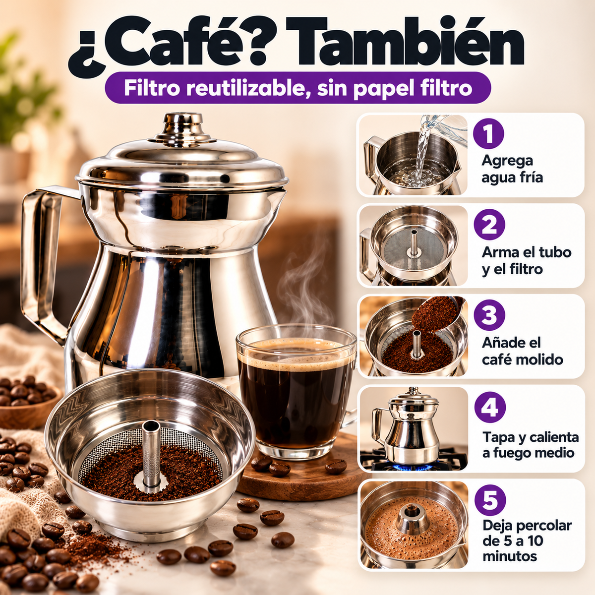 Chocolatera 2 Litros – Acero Inoxidable con Filtro y Sistema Antiderrame