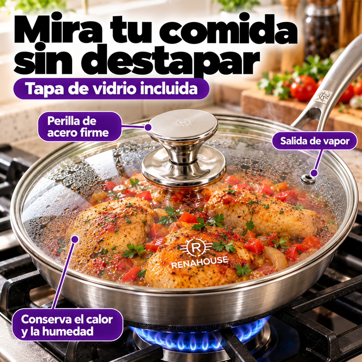 Sartén RenaHouse Tri-Ply Acero Inoxidable 24 cm con Tapa de Vidrio