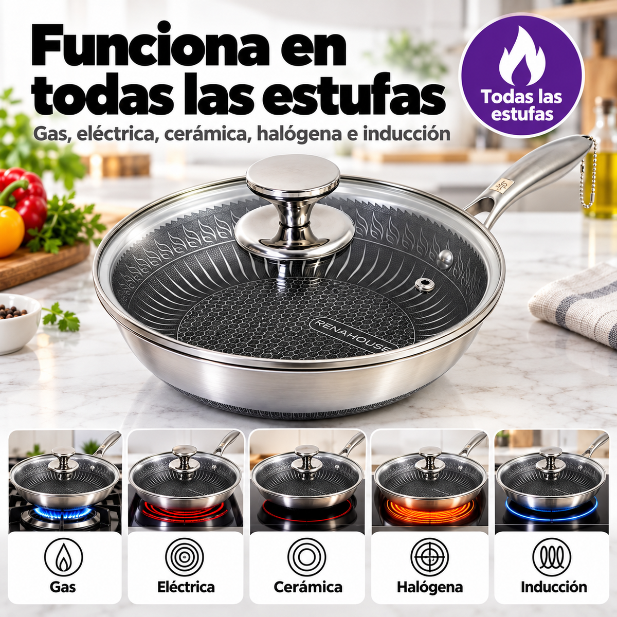 Sartén Rena House Tri-Ply 20 cm – Acero Inoxidable 18/10 con Tapa de Vidrio (COD)