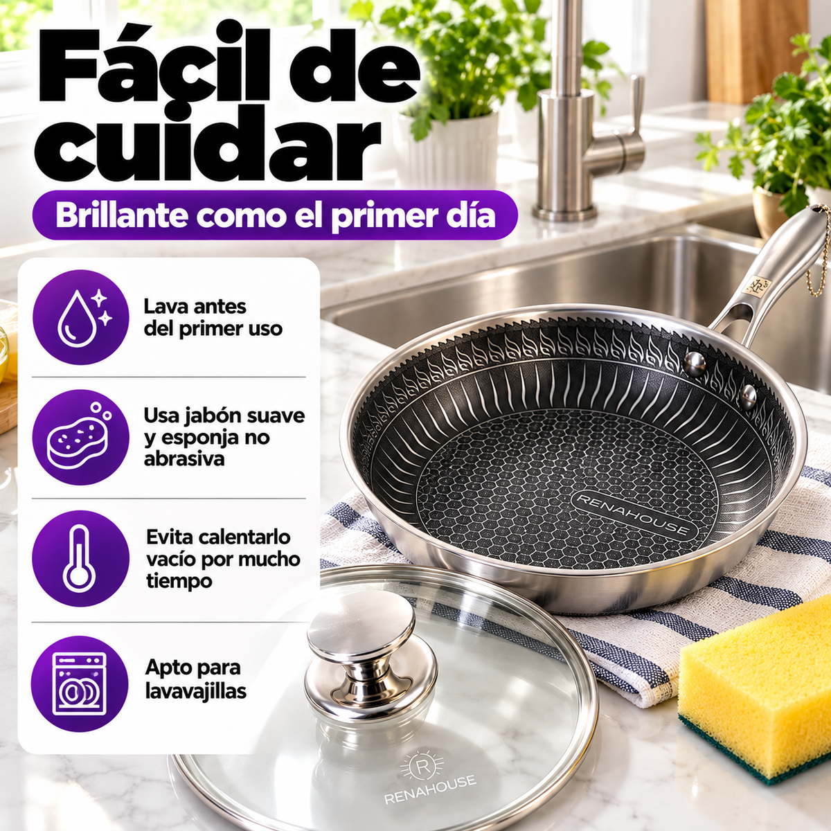 Sartén Rena House Tri-Ply 20 cm – Acero Inoxidable 18/10 con Tapa de Vidrio (COD)