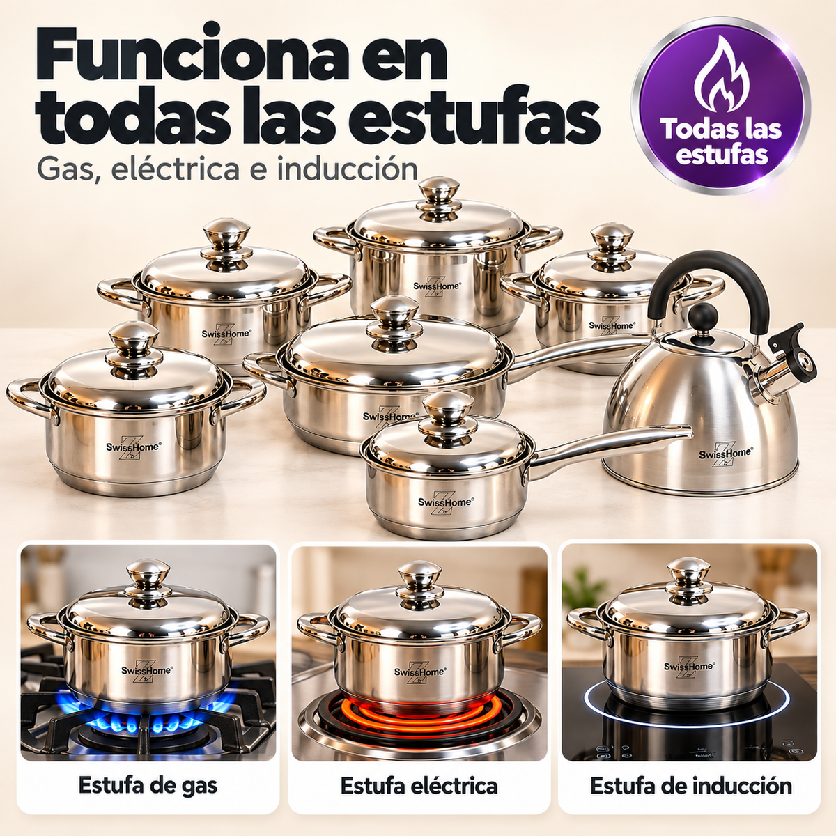 Batería de Cocina Swiss Home MK13 – 13 Piezas Acero Inoxidable 18/10