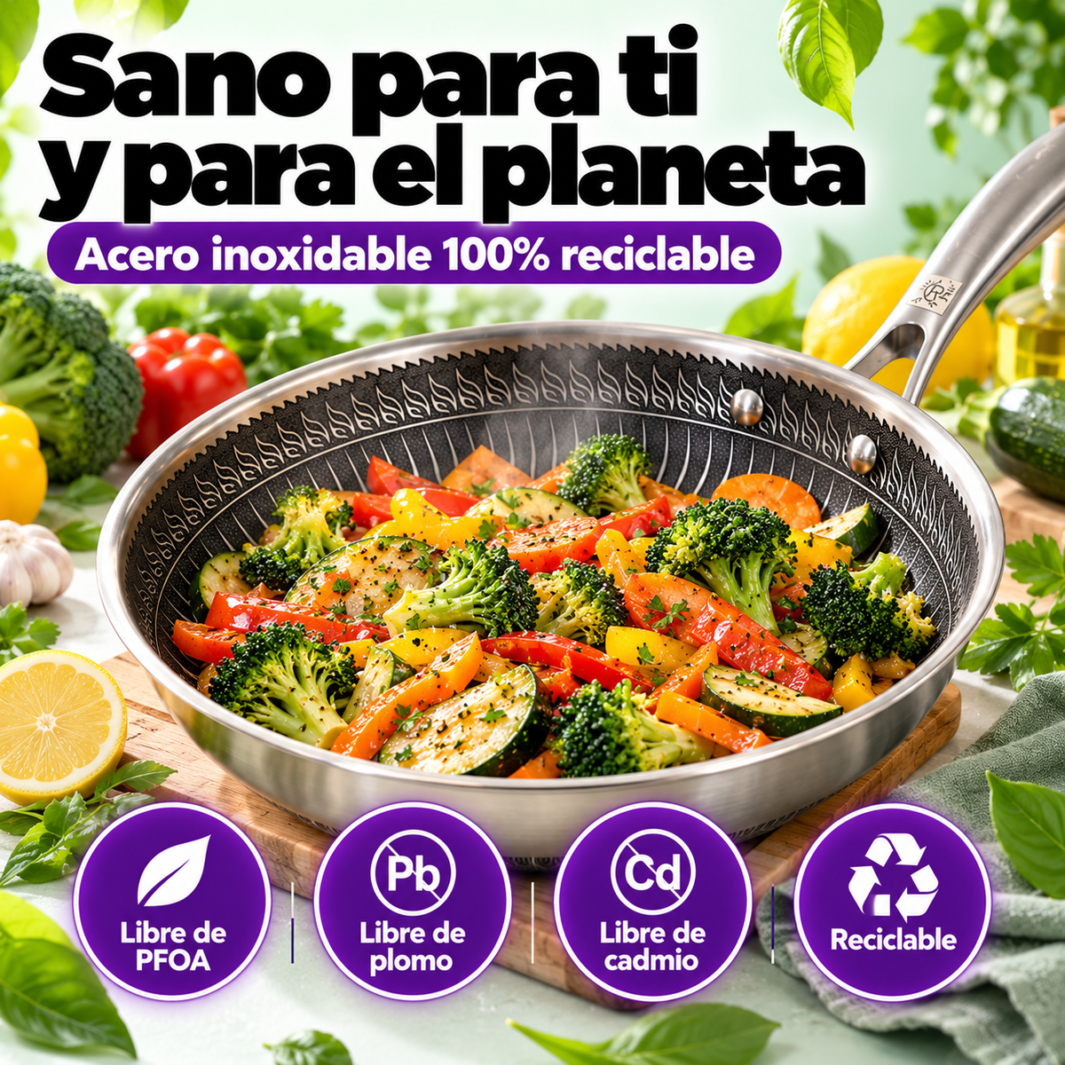 Sartén RenaHouse Tri-Ply Acero Inoxidable 24 cm con Tapa de Vidrio