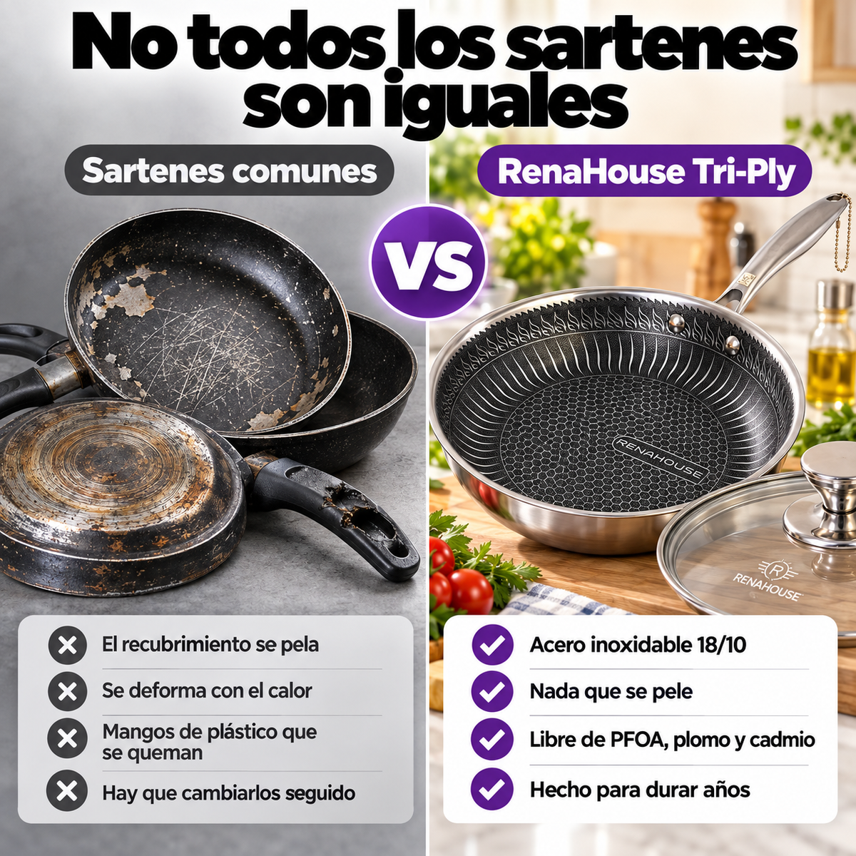 Sartén RenaHouse Tri-Ply Acero Inoxidable 24 cm con Tapa de Vidrio