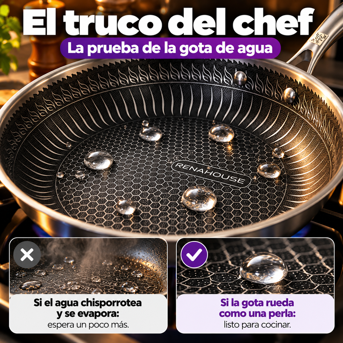 Sartén RenaHouse Tri-Ply Acero Inoxidable 24 cm con Tapa de Vidrio