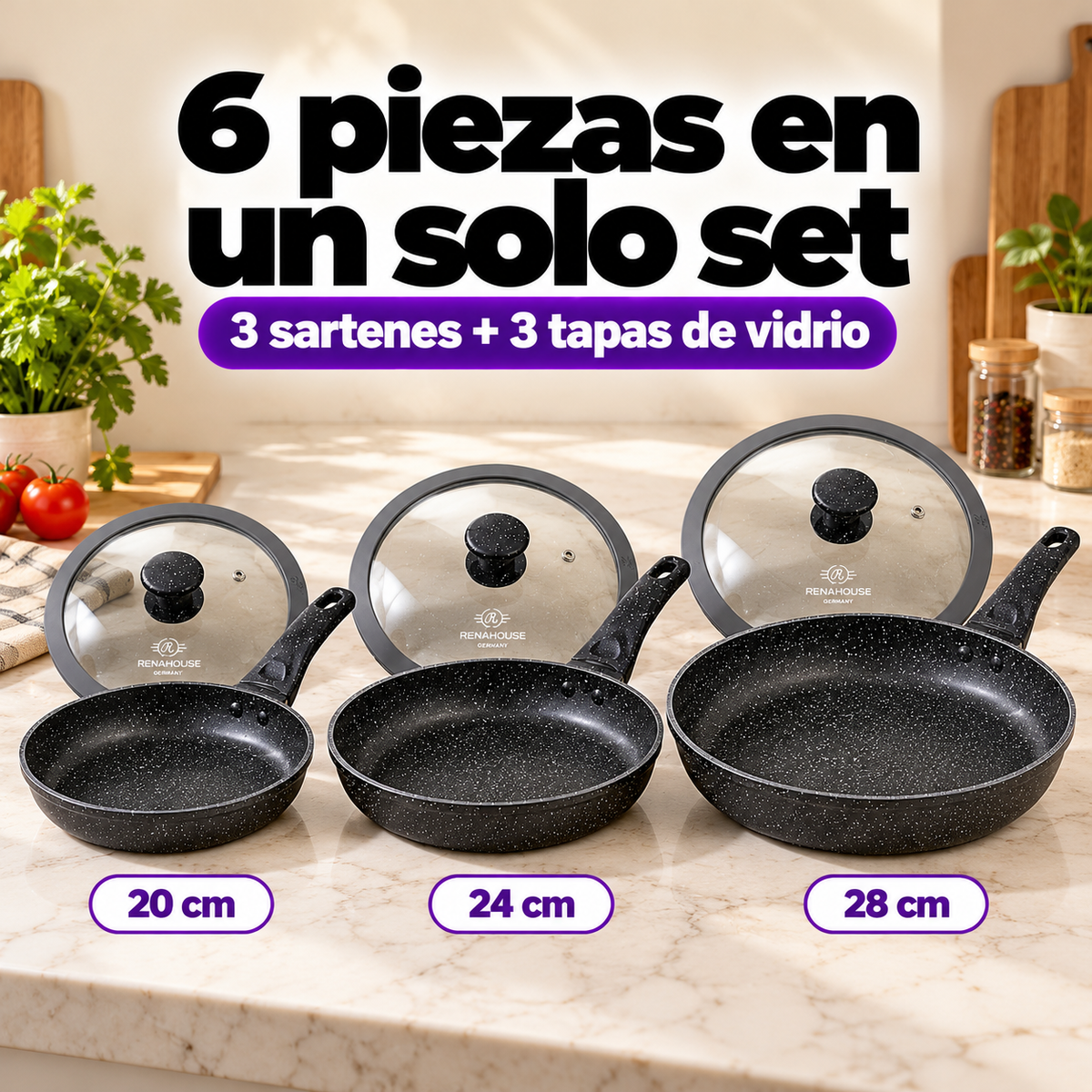 Set de Sartenes RenaHouse Granite Antiadherentes – 6 Piezas 20, 24 y 28 cm (COD)