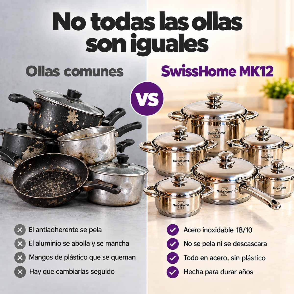 Batería de Cocina Swiss Home MK12 – 12 Piezas Acero Inoxidable 18/10