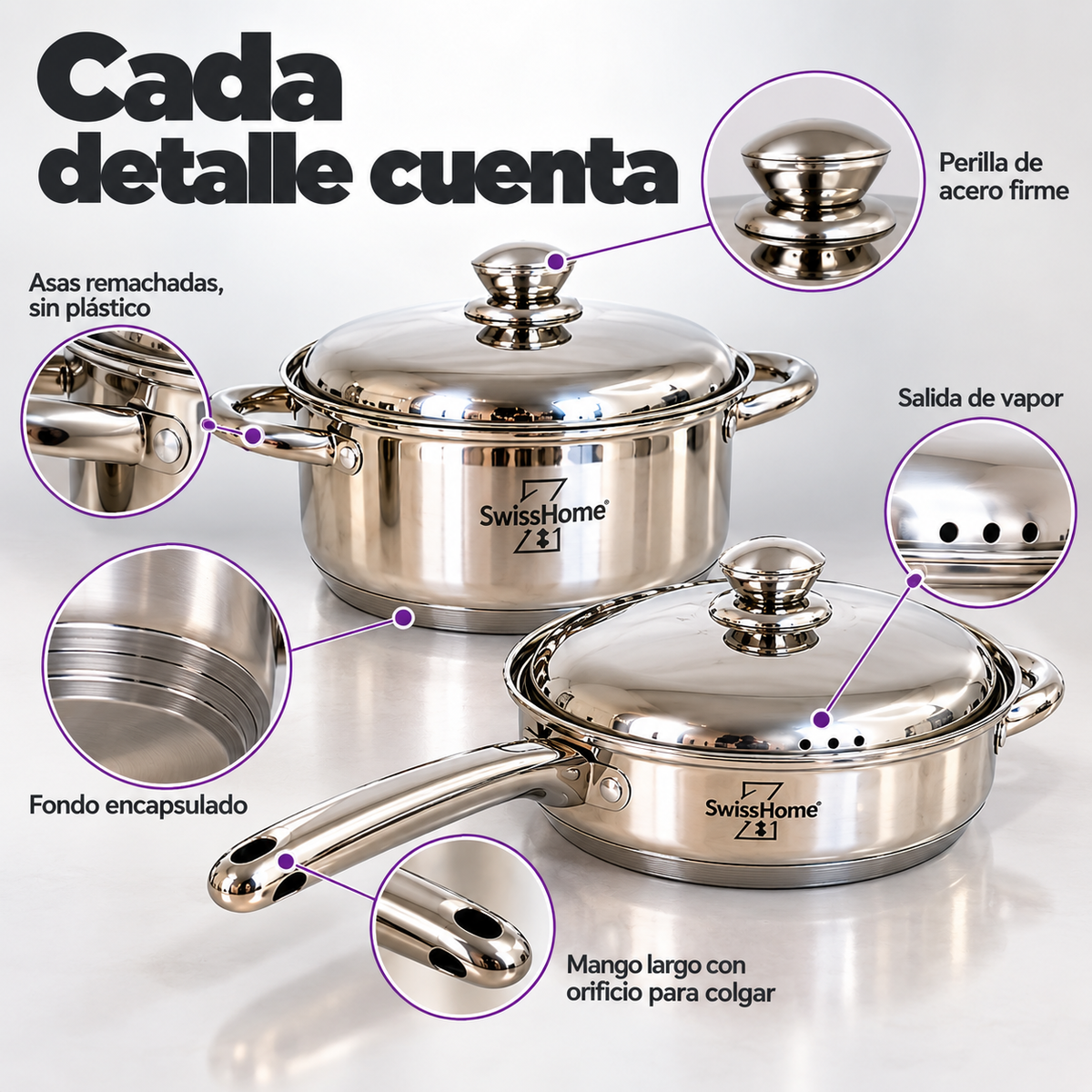 Batería de Cocina Swiss Home MK12 – 12 Piezas Acero Inoxidable 18/10