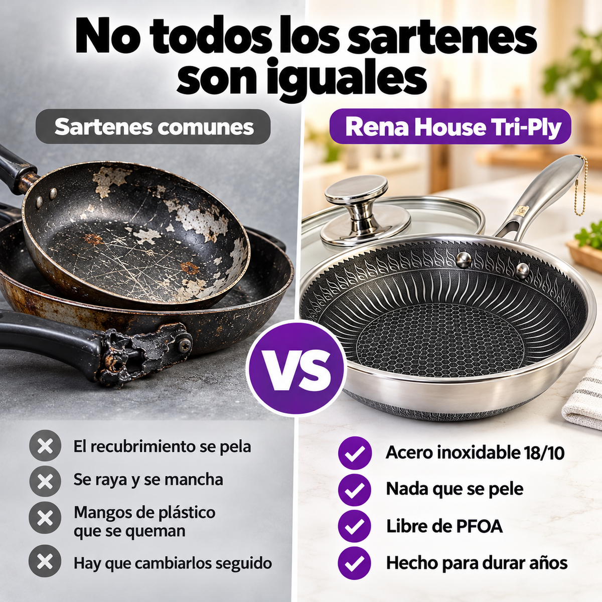 Sartén Rena House Tri-Ply 20 cm – Acero Inoxidable 18/10 con Tapa de Vidrio (COD)