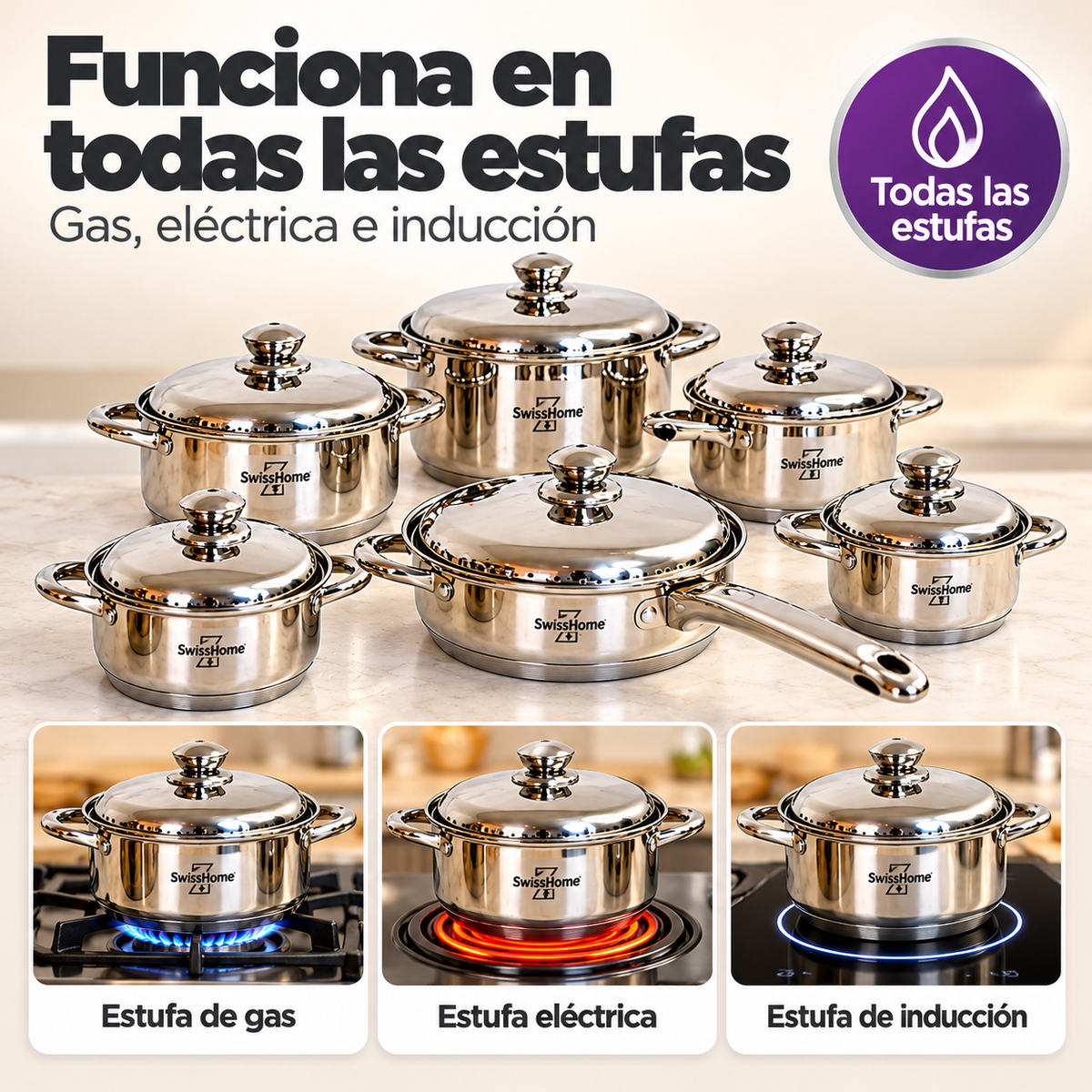 Batería de Cocina Swiss Home MK12 – 12 Piezas Acero Inoxidable 18/10