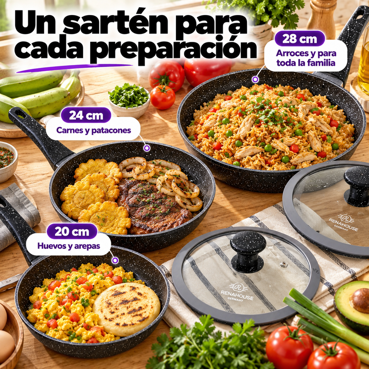 Set de Sartenes RenaHouse Granite Antiadherentes – 6 Piezas 20, 24 y 28 cm (COD)