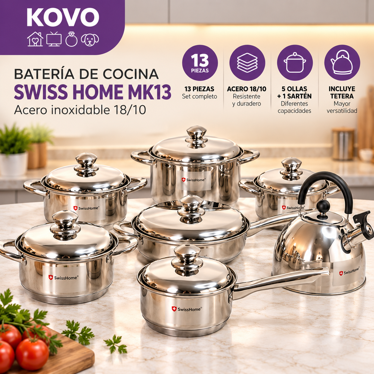 Batería de Cocina Swiss Home MK13 – 13 Piezas Acero Inoxidable 18/10