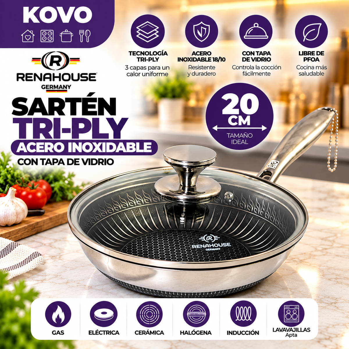 Sartén Rena House Tri-Ply 20 cm – Acero Inoxidable 18/10 con Tapa de Vidrio (COD)