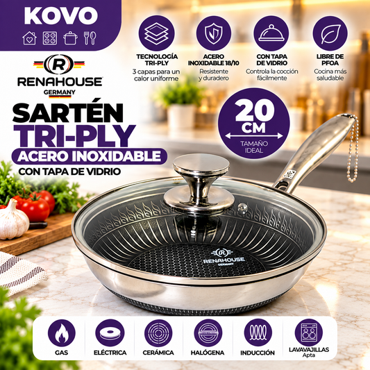 Sartén Rena House Tri-Ply 20 cm – Acero Inoxidable 18/10 con Tapa de Vidrio (COD)