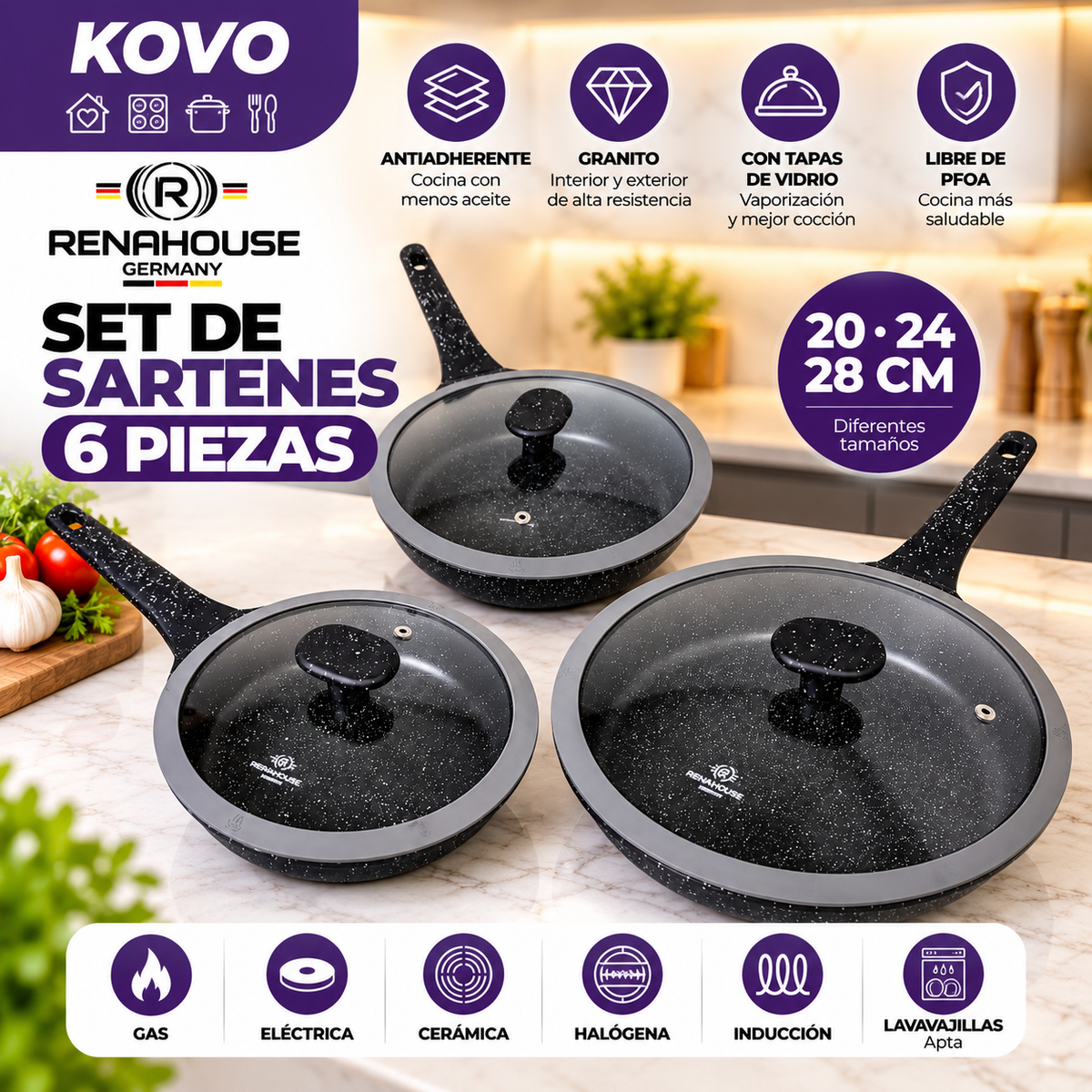 Set de Sartenes RenaHouse Granite Antiadherentes – 6 Piezas 20, 24 y 28 cm (COD)