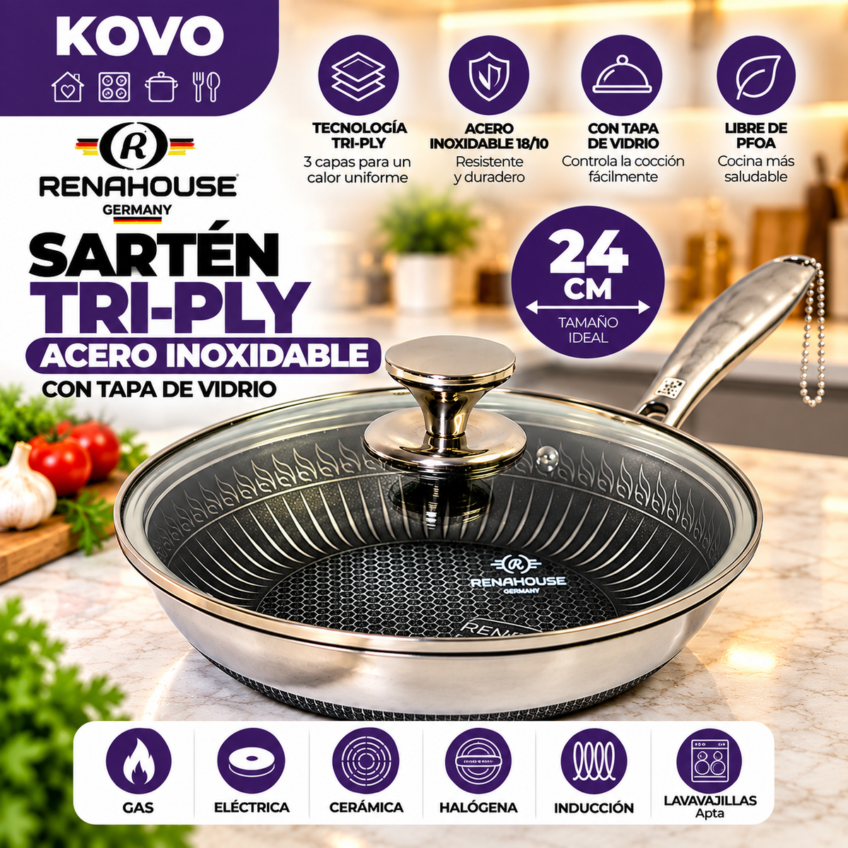 Sartén RenaHouse Tri-Ply Acero Inoxidable 24 cm con Tapa de Vidrio
