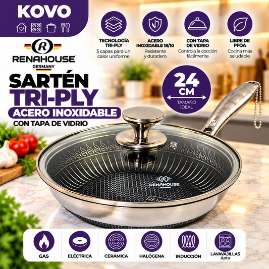 Sartén RenaHouse Tri-Ply Acero Inoxidable 24 cm con Tapa de Vidrio (COD)
