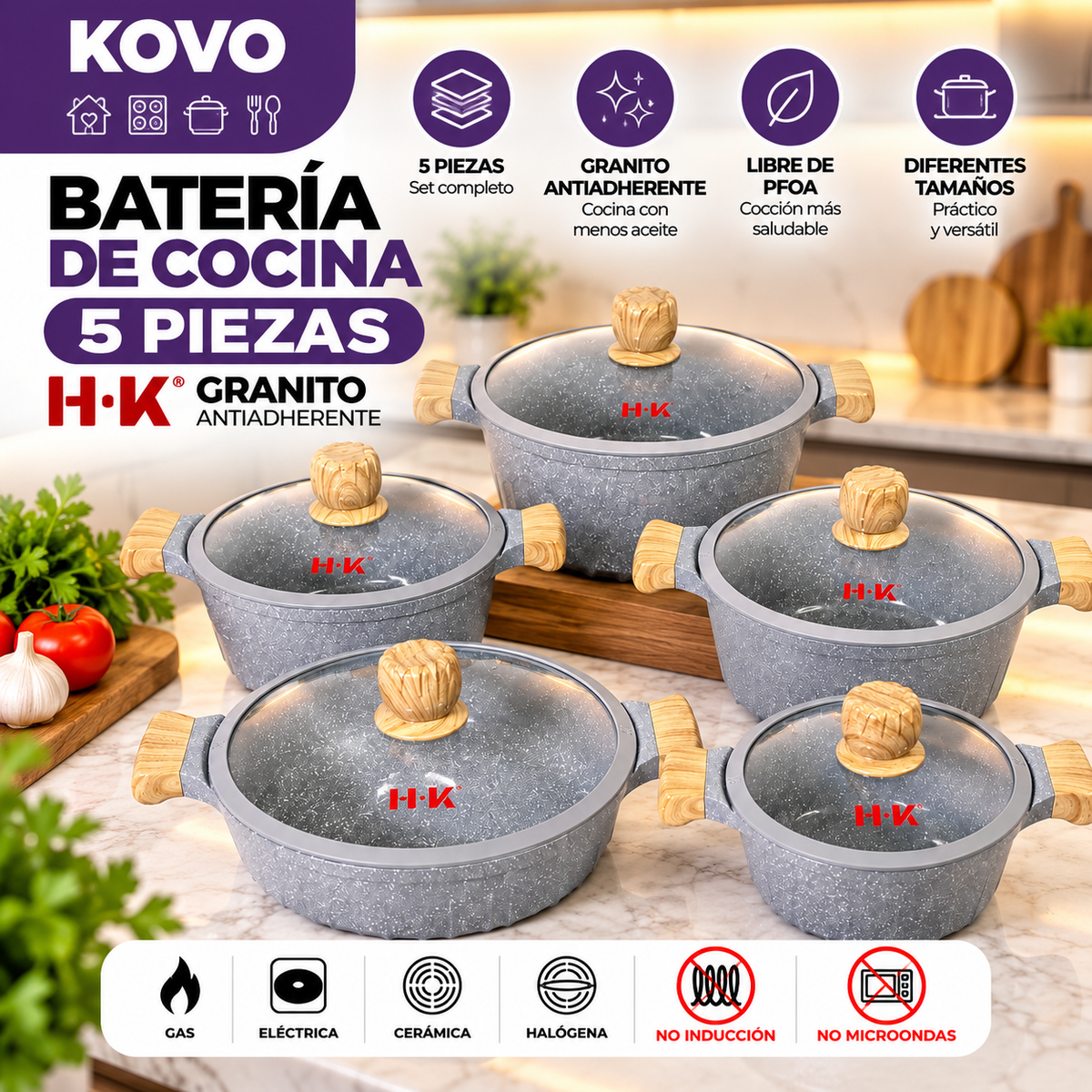 Batería de Cocina H·K Granito Antiadherente – 10 Piezas Gris