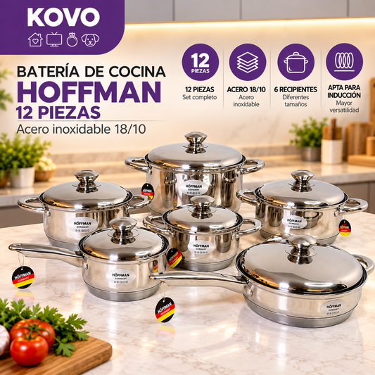 Batería de Cocina Hoffman – 12 Piezas Acero Inoxidable 18/10