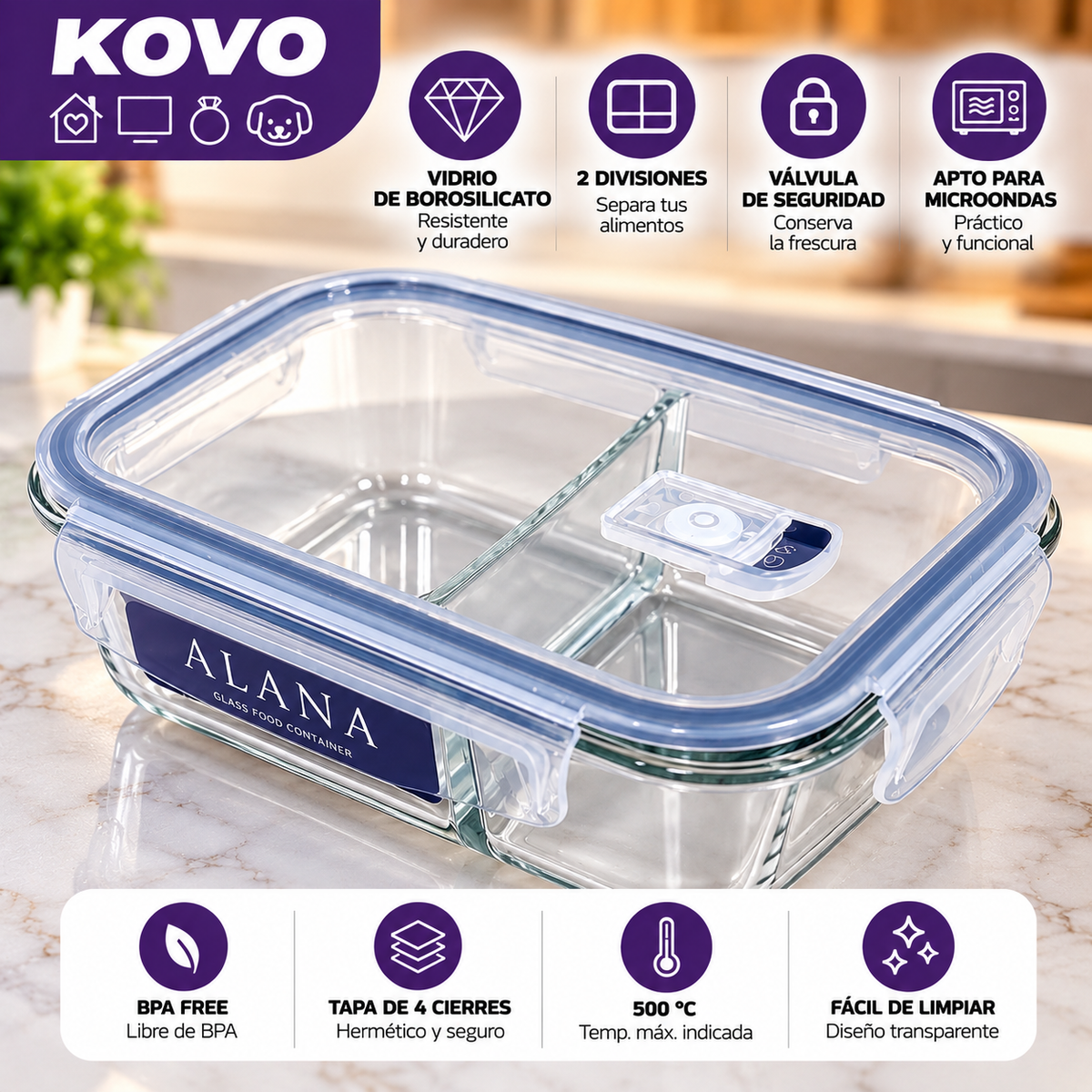 Refractario ALANA en Vidrio Borosilicato con 2 Divisiones y Válvula de Seguridad