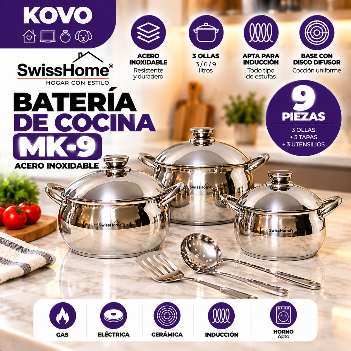Batería de Cocina Swiss Home MK-9 – 9 Piezas en Acero Inoxidable
