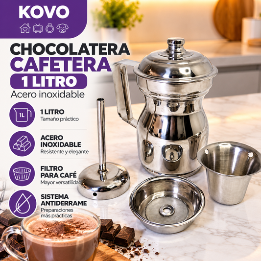 Chocolatera Cafetera 1 Litro – Acero Inoxidable con Filtro y Sistema Antiderrame