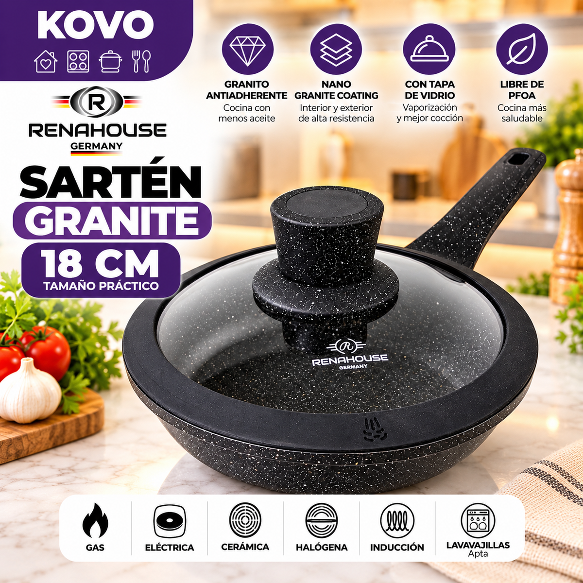 Sartén RenaHouse Granite Antiadherente 18 cm con Tapa