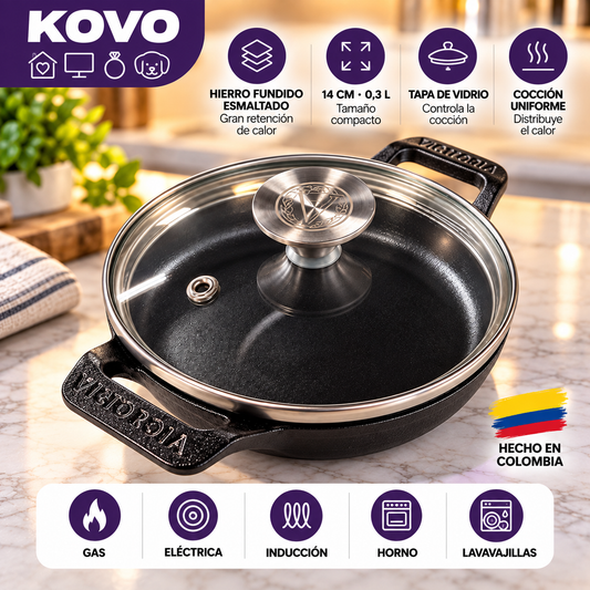 Mini Cazuela Victoria Amazonía Series 14 cm en Hierro Fundido Esmaltado con Tapa de Vidrio