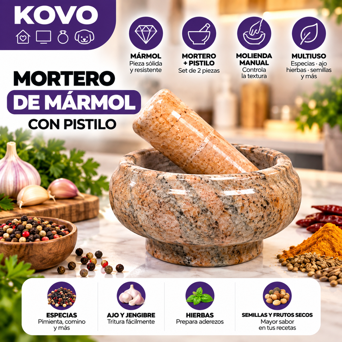 Mortero de Mármol con Pistilo – Triturador Manual para Cocina