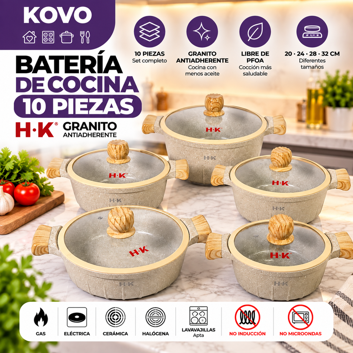 Batería de Cocina H·K Granito Antiadherente – 10 Piezas Beige