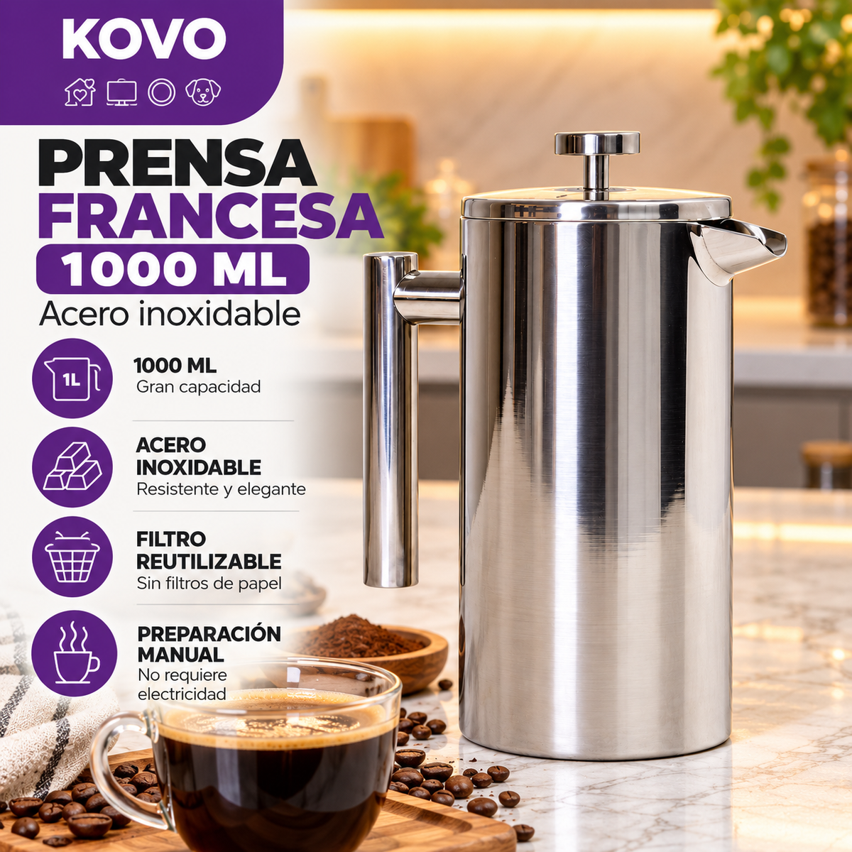 Prensa Francesa 1000 ml – Acero Inoxidable