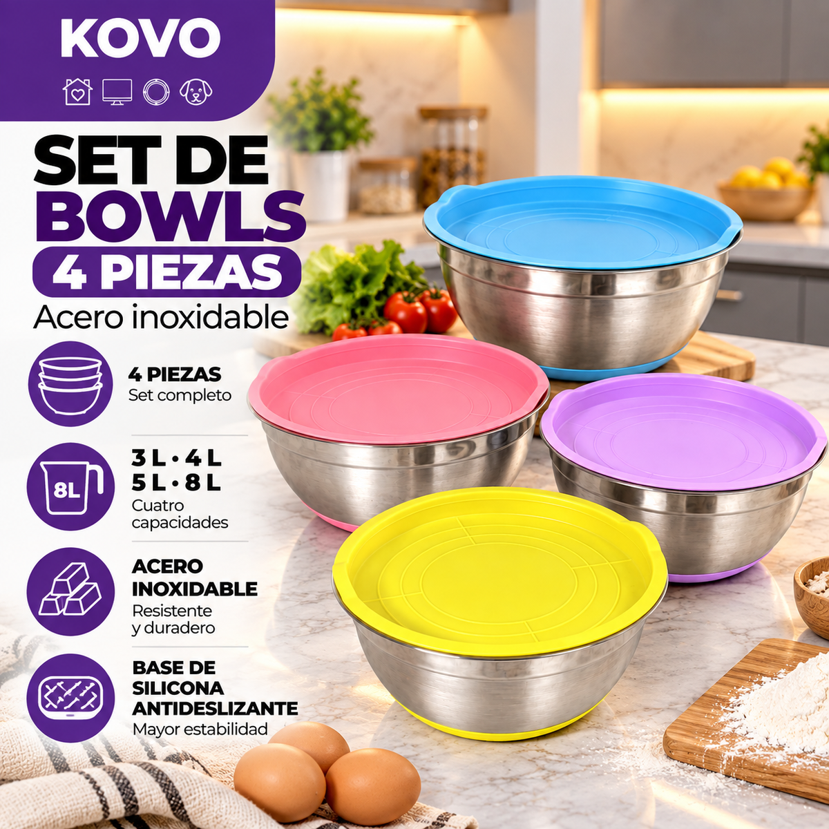 Set de Bowls en Acero Inoxidable con Base Antideslizante – 4 Piezas