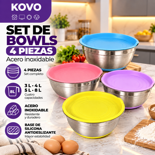 Set de Bowls en Acero Inoxidable con Base Antideslizante – 4 Piezas