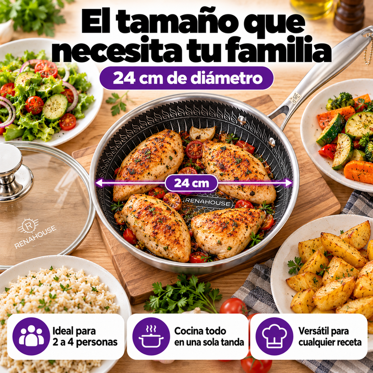 Sartén RenaHouse Tri-Ply Acero Inoxidable 24 cm con Tapa de Vidrio