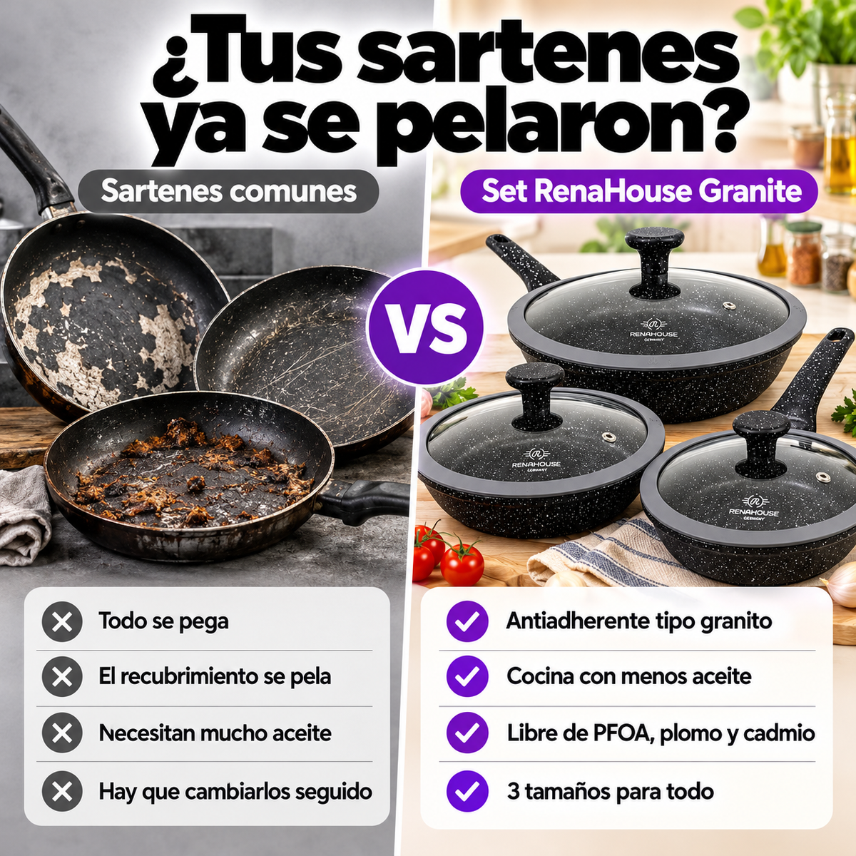 Set de Sartenes RenaHouse Granite Antiadherentes – 6 Piezas 20, 24 y 28 cm (COD)