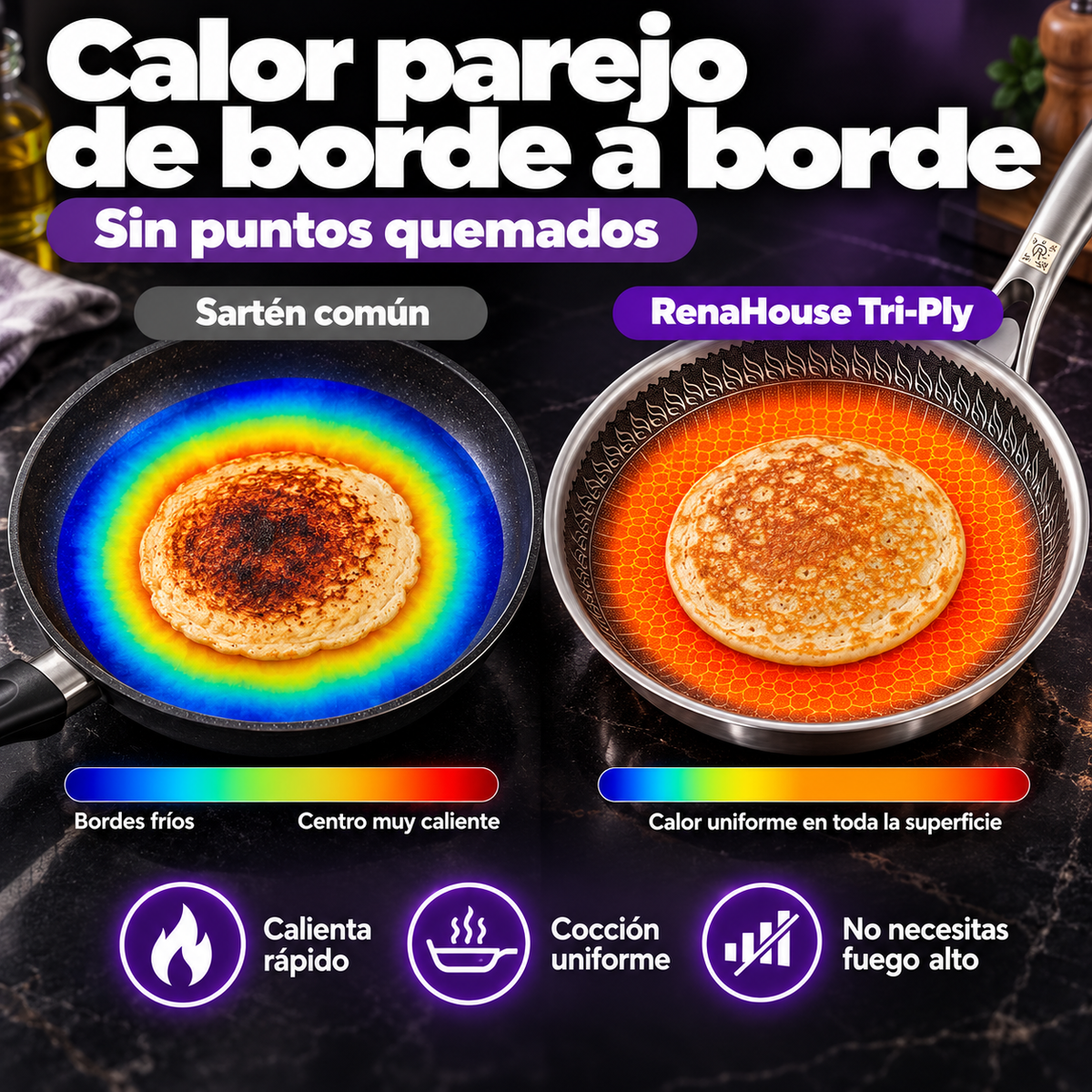 Sartén RenaHouse Tri-Ply Acero Inoxidable 24 cm con Tapa de Vidrio