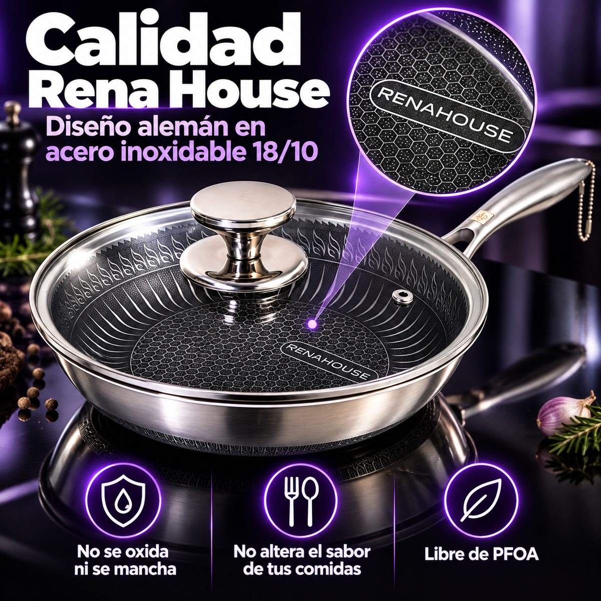 Sartén Rena House Tri-Ply 20 cm – Acero Inoxidable 18/10 con Tapa de Vidrio (COD)