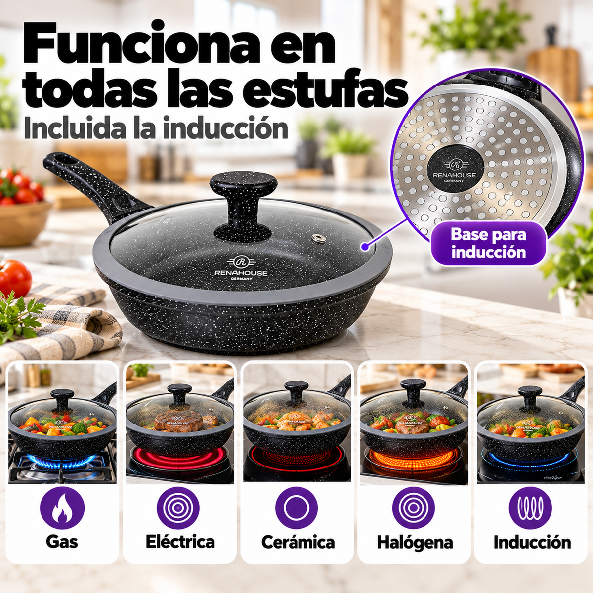 Set de Sartenes RenaHouse Granite Antiadherentes – 6 Piezas 20, 24 y 28 cm (COD)