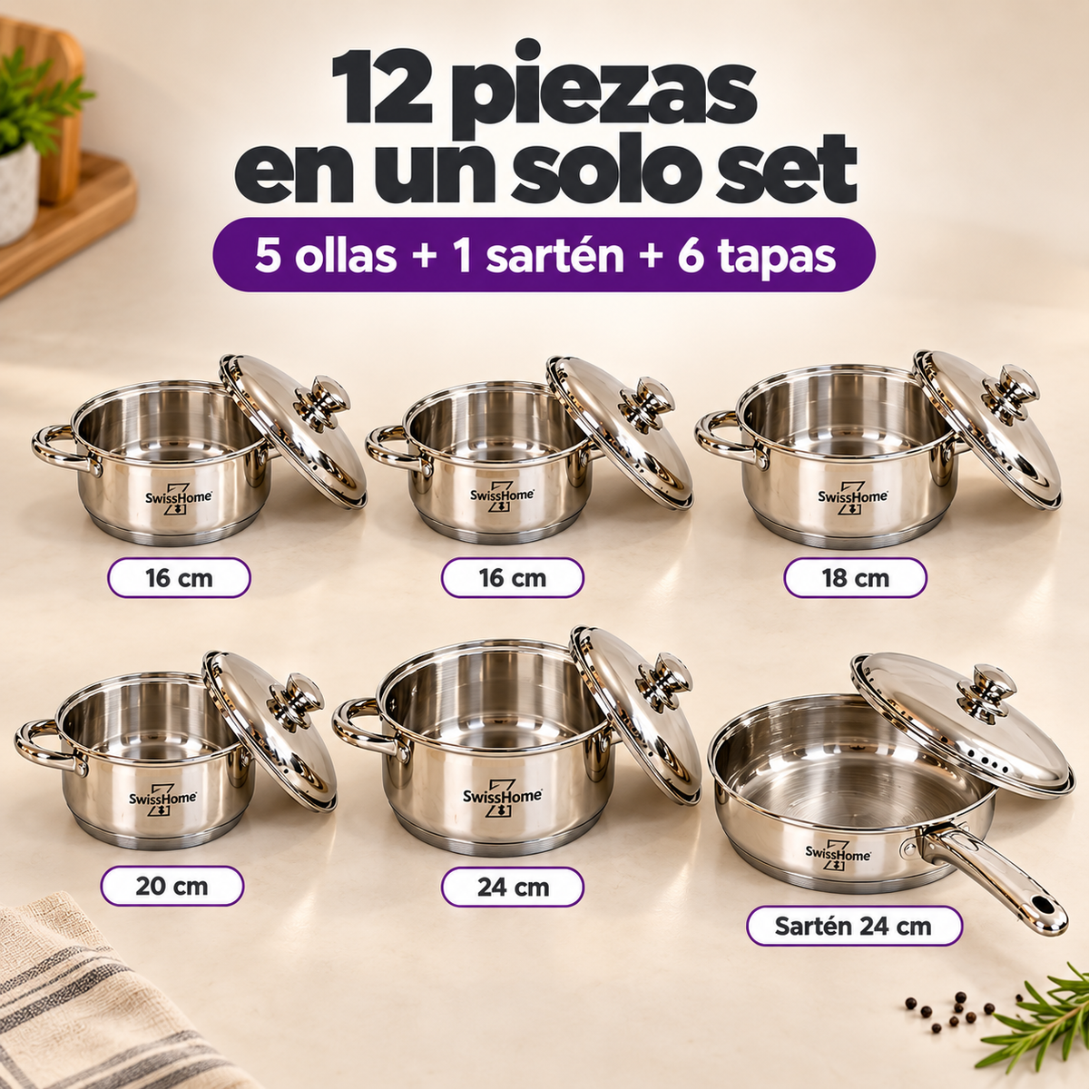 Batería de Cocina Swiss Home MK12 – 12 Piezas Acero Inoxidable 18/10