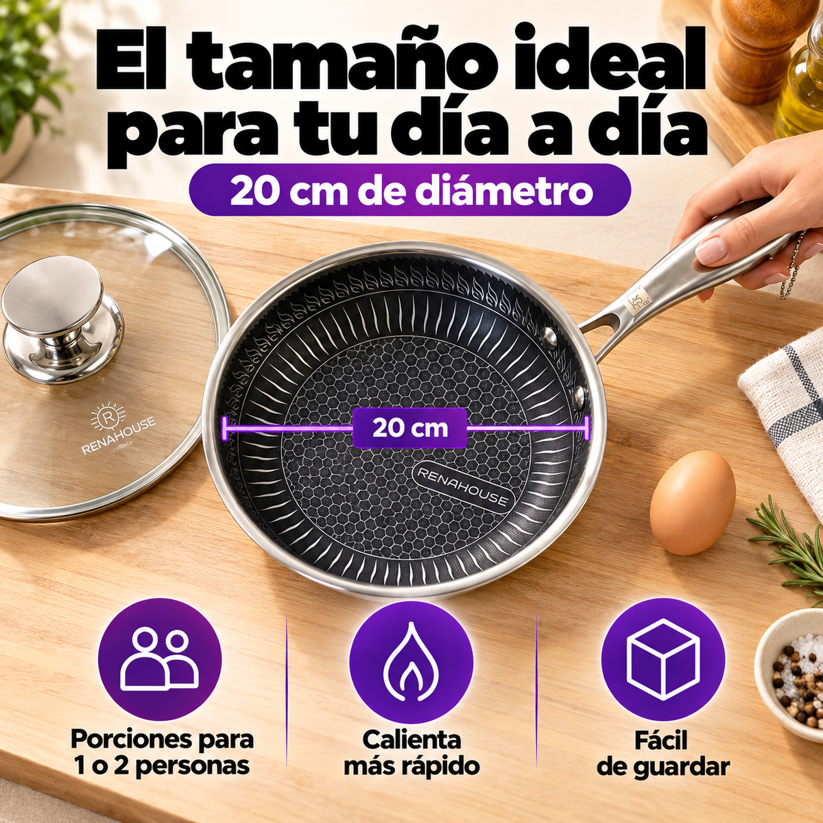 Sartén Rena House Tri-Ply 20 cm – Acero Inoxidable 18/10 con Tapa de Vidrio (COD)