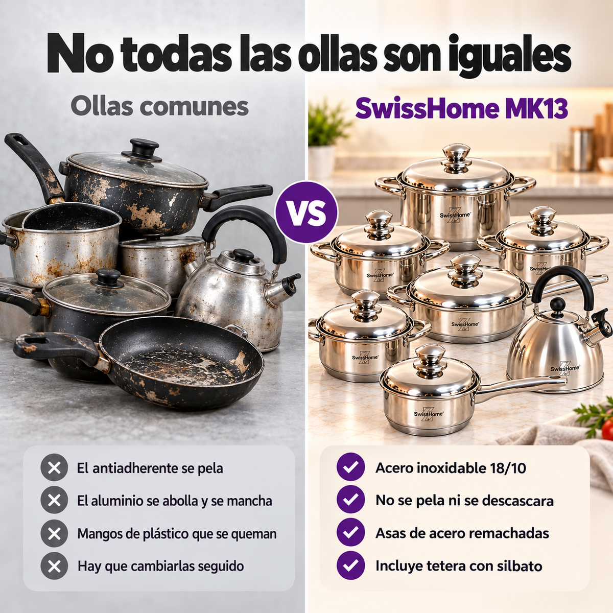 Batería de Cocina Swiss Home MK13 – 13 Piezas Acero Inoxidable 18/10