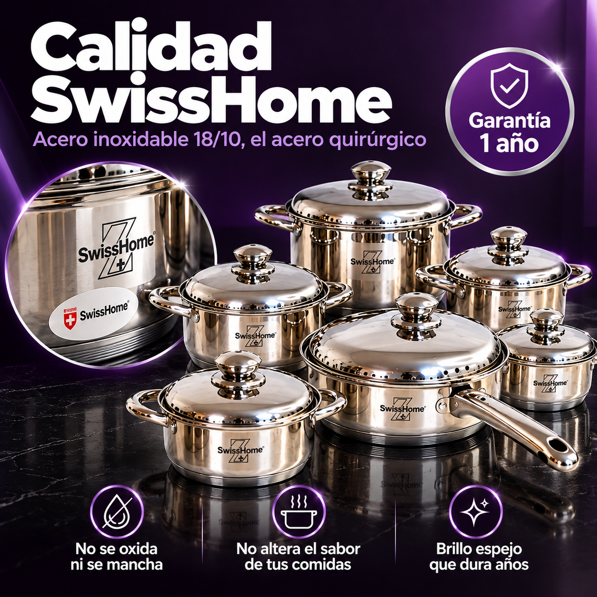 Batería de Cocina Swiss Home MK12 – 12 Piezas Acero Inoxidable 18/10