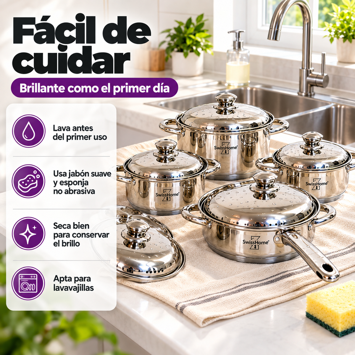 Batería de Cocina Swiss Home MK12 – 12 Piezas Acero Inoxidable 18/10