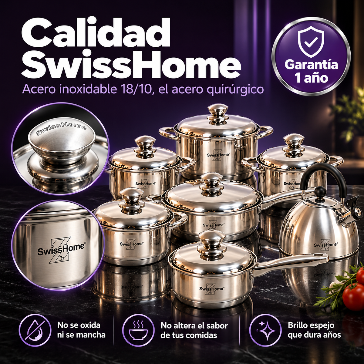 Batería de Cocina Swiss Home MK13 – 13 Piezas Acero Inoxidable 18/10